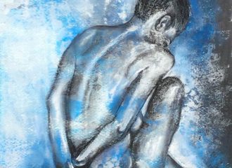 Blauer Akt 1 - Mixed Media Gemälde, Acrylhintergrund, Kohlezeichnung - Daniela Rogall