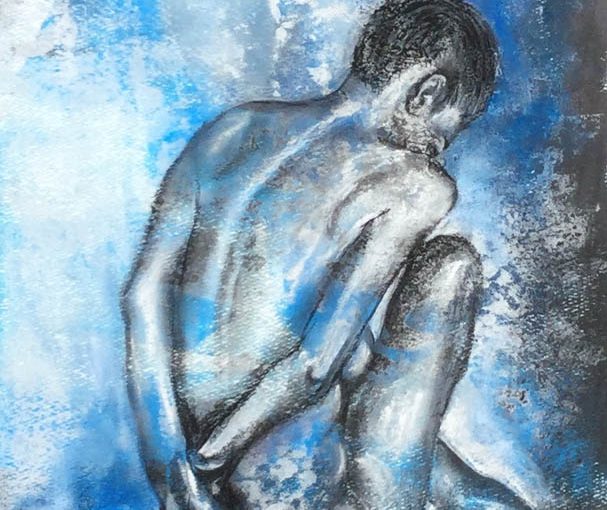Blauer Akt 1 - Mixed Media Gemälde, Acrylhintergrund, Kohlezeichnung - Daniela Rogall
