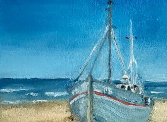 No. 16 - Boote, Bild 1 11,5 x 11,5 cm , Papier Coldwax, Ölfarbe - Daniela Rogall